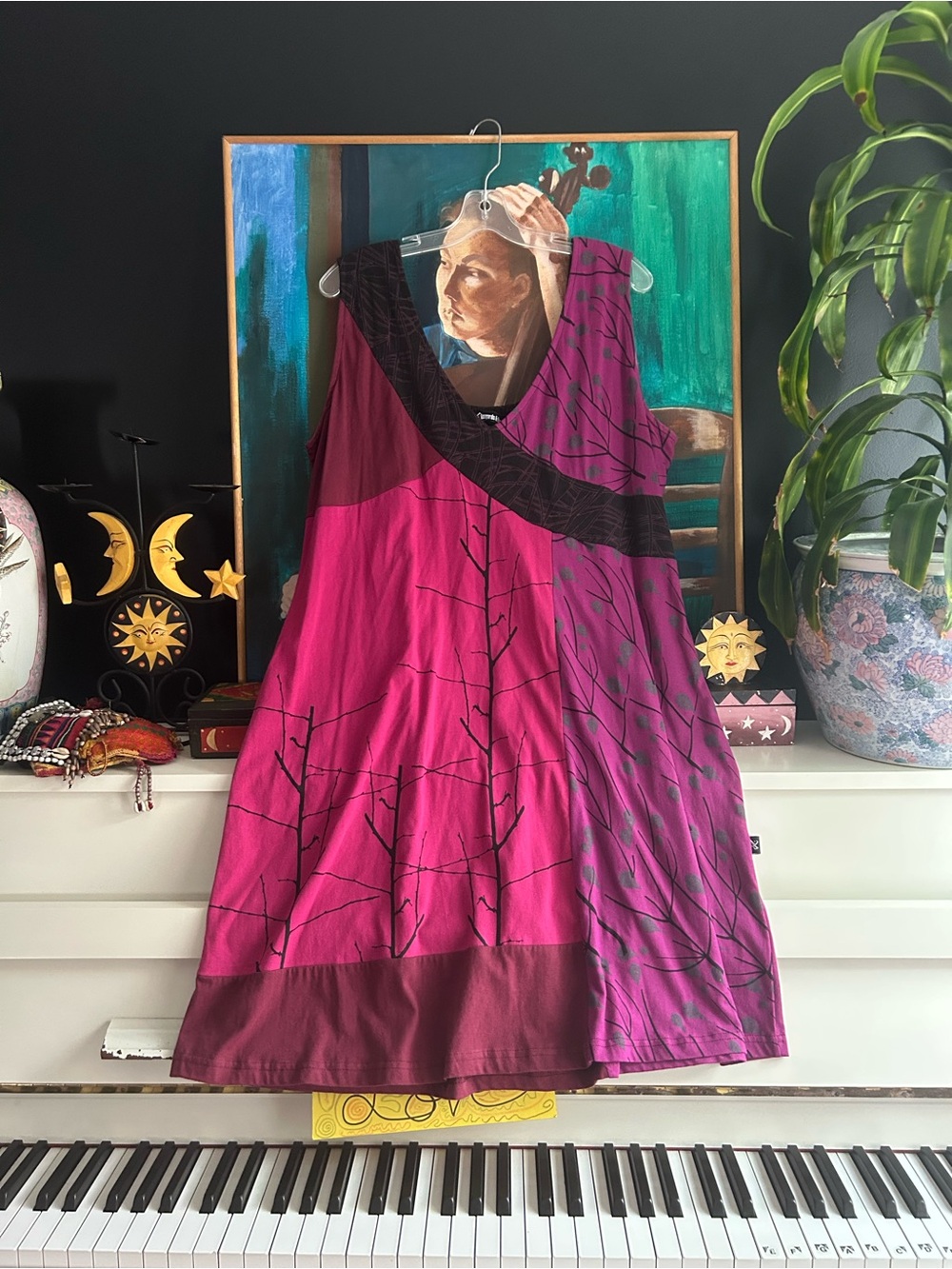 Leopards & Roses XL Organic Cotton Purple Boho Patchwork A Line Dress